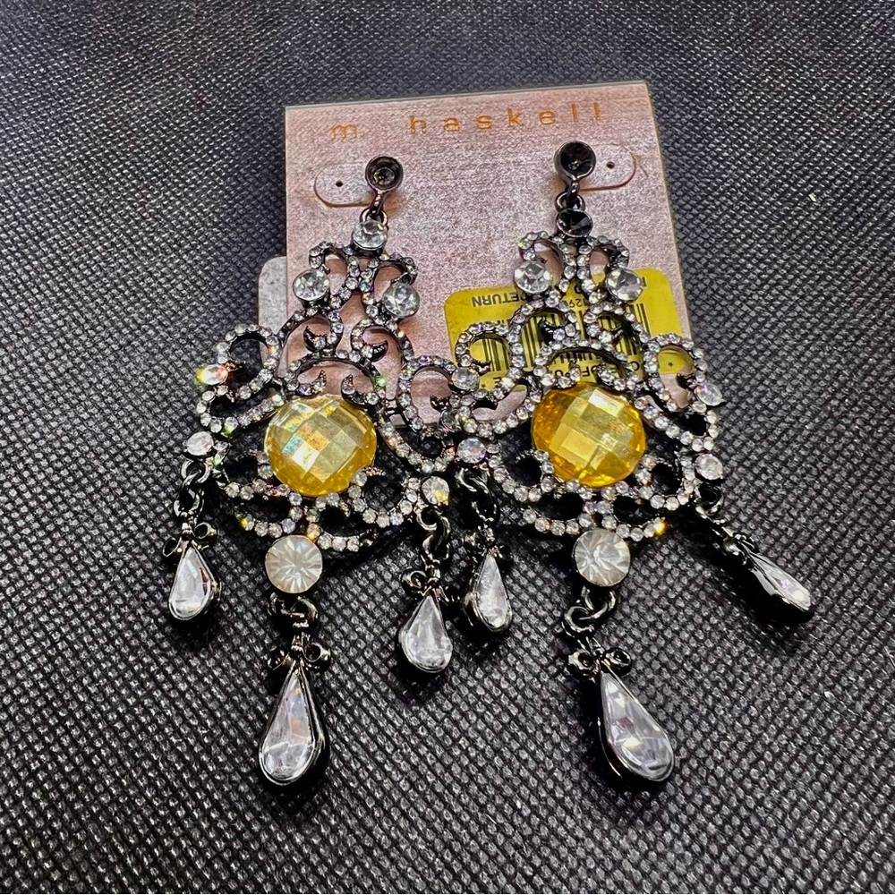 VINTAGE MIRIAM HASKELL CHANDELIER EARRINGS YELLOW‎ CLEAR RHINESTONE AS IS